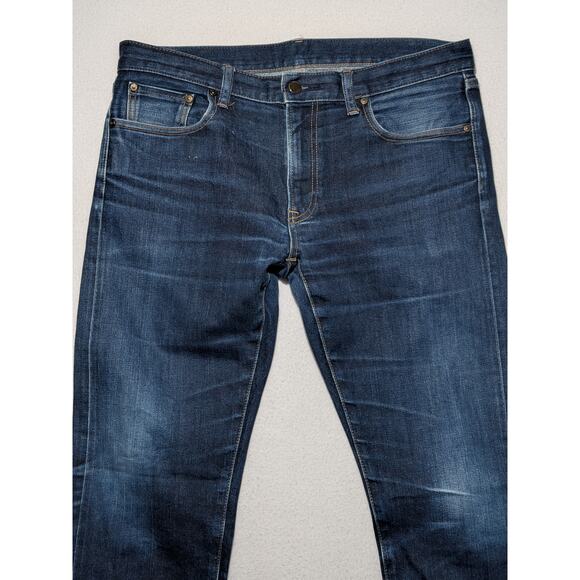 UNIQLO Slim Straight Jeans Japanese Kaihara Denim Low Rise Dark Wash 35x32 - Picture 2 of 16